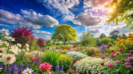Vibrant Flower Garden Under Blue Sky and Fluffy Clouds
