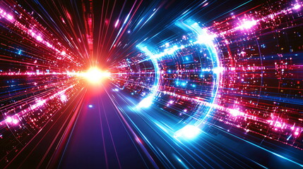 Fototapeta premium Vibrant abstract light pattern with rays of color radiating through dark space in dynamic motion