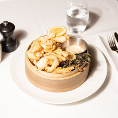 Fried Calamari in Wooden Container