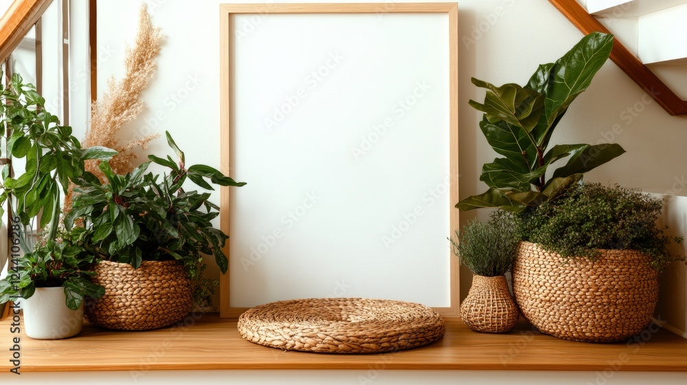 Poster wooden shelf with multiple compartments for storage and display of various items in a modern interio