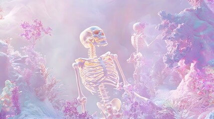 depiction of human bones glowing in soft ethereal hues floating weightlessly in a surreal misty and dreamlike background  An evocative imaginative scene that blends the tangible and the intangible