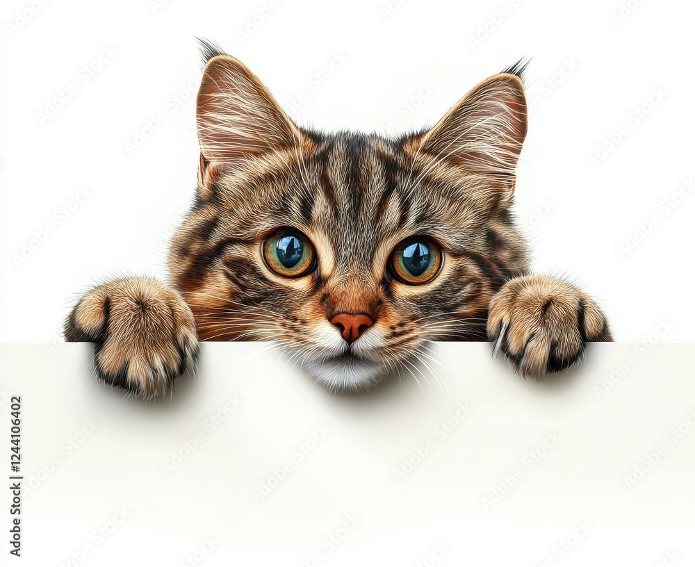 Poster curious cat looking over blank space with bright eyes and playful expression in a whimsical setting
