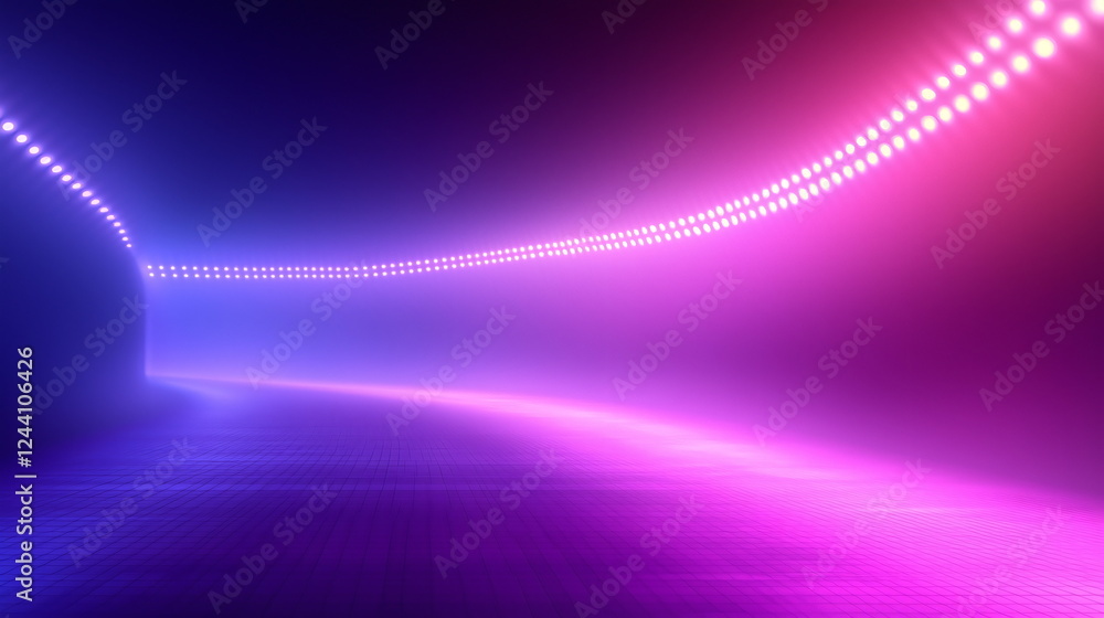 Poster neon lights illuminating a smooth path with a soft gradient background in shades of pink and blue.