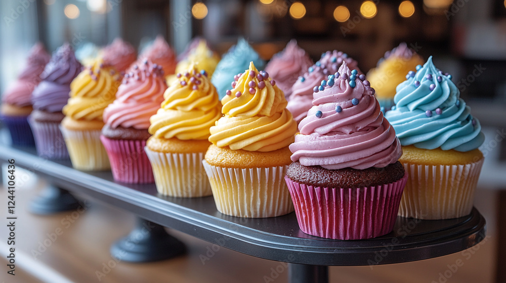 Poster cupcakes with colorful frosting displayed at a bakery during daylight hours