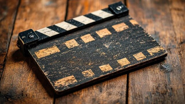 Vintage film clapperboard resting on rustic wooden table, cinematic scene