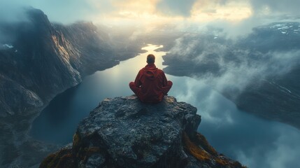 Serene Summit: A Man Finds Peace Amidst Majestic Norwegian Mountains and a Misty Fjord