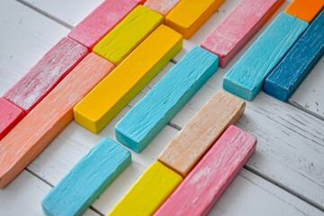 Fototapeta premium Top view of colorful wooden bricks on the table. Early learning.