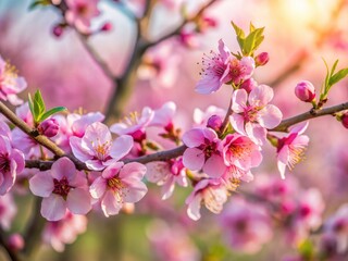 Vibrant spring bloom: macro photography captures wild plum blossoms, showcasing delicate pink flowers and branches.