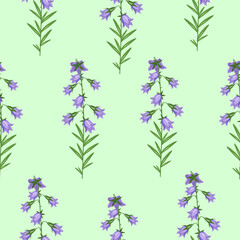 Seamless pattern of bluebell flowers on a light green background.Vector pattern for pastel linen, textiles, and backgrounds.