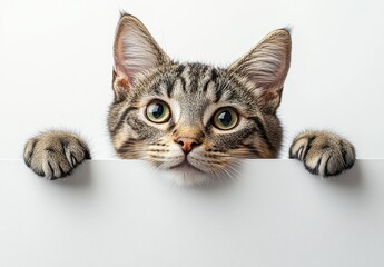 Fototapeta premium Curious Cat Peeking Over White Background with Soft Focus and Engaging Expression, Perfect for Pet Lovers, Feline Enthusiasts, and Cute Animal Photography