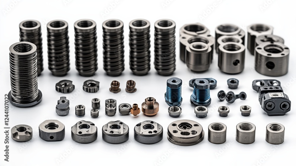 Poster collection of precision-engineered mechanical components arranged for inspection on a white backgrou