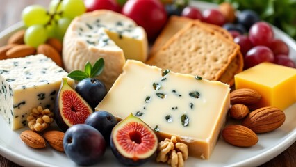 A cheese platter featuring healthy options like fresh fruits, whole grain crackers, and nuts, offering a balanced and nutritious snack perfect for light meals.