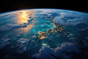 Fototapeta premium Satellite images of Earth showcasing diverse landscapes and city lights at twilight