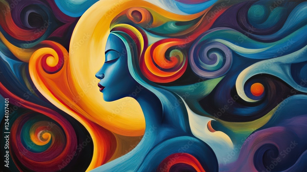Poster abstract shapes and figures, representing the dynamic nature of thoughts and creativity in the mind