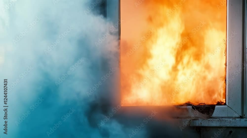 Poster smoke billowing and bright orange flames erupting from a window of a burning building create a dange