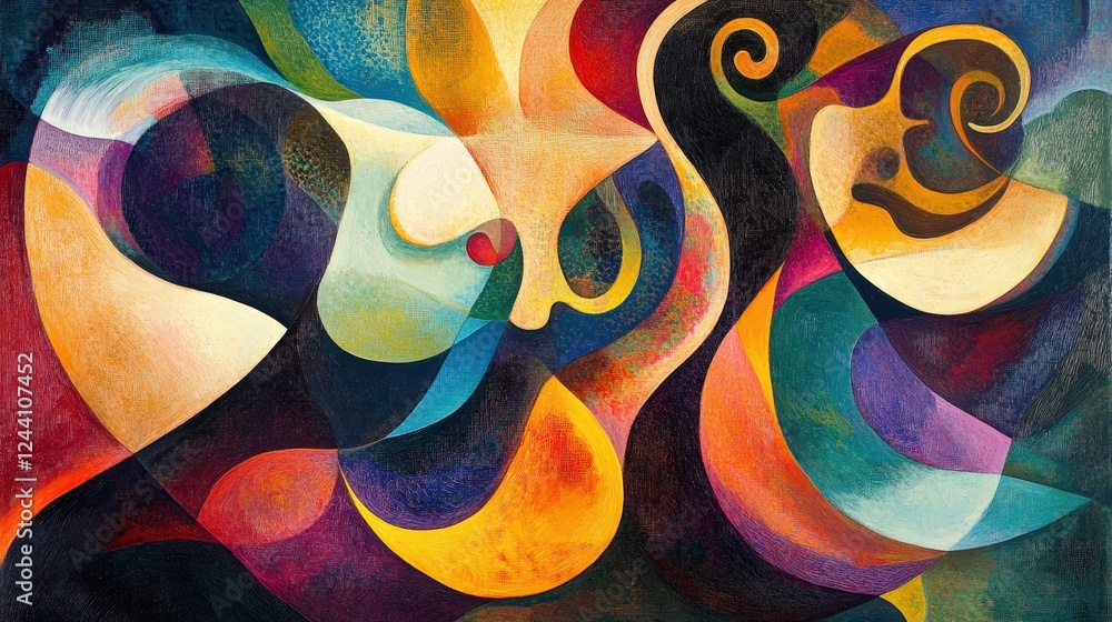 Poster abstract shapes and figures, representing the dynamic nature of thoughts and creativity in the mind