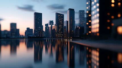 Fototapeta premium Cityscape twilight reflection, urban waterfront, modern architecture, night scene, business
