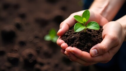 Руки крупным планом с ростком в руке с местом для текста 