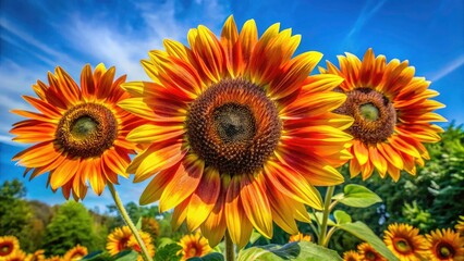 Obraz premium Vibrant sunflowers burst with sunny orange-yellow petals, a summer garden's joyful display.