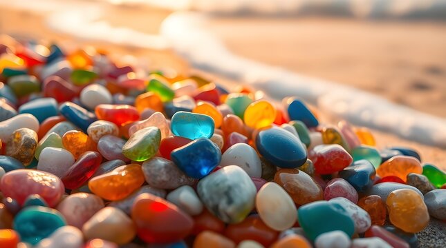 Colorful gemstones on a beach. Polish textured sea glass and stones on the seashore. Green, blue shiny glass with multi-colored sea pebbles close-up. Beach summer background.