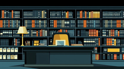 Desk in library with shelves full of books, lamp, and a computer in a modern design setting.