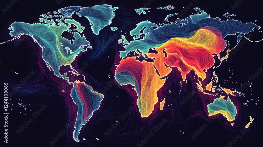 Poster a colorful world map with a cartogram effect, where the size of each country is altered according to