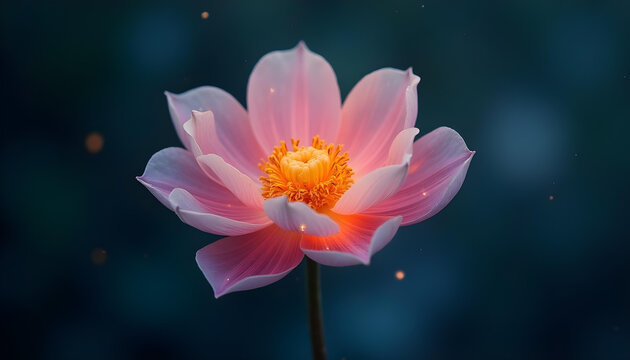 Flor m&aacute;gica de p&eacute;talos blancos con luz rosa y fondo oscuro, de cielo de noche. 