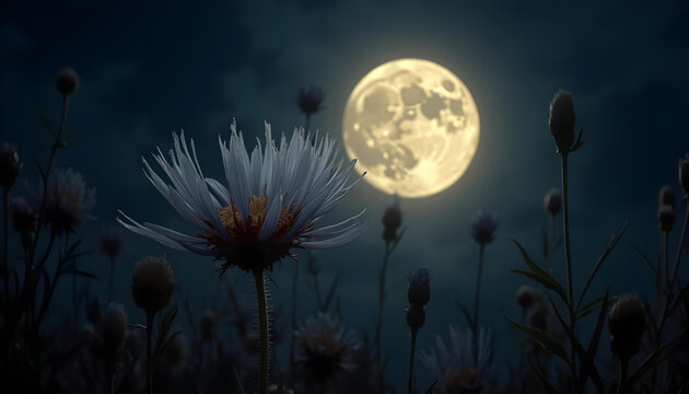 Flores en la oscuridad y de fondo la luna iluminando el paisaje