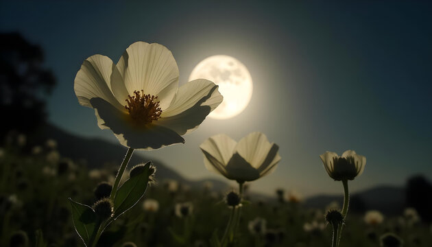 Flores en la oscuridad y de fondo la luna iluminando el paisaje