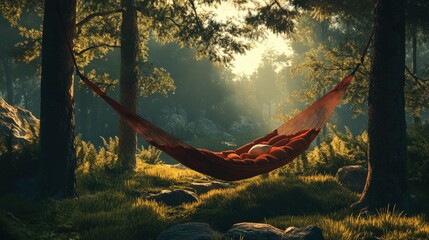 hammock strung between two trees, gently swaying in the wind, offering a perfect space for relaxation and peace