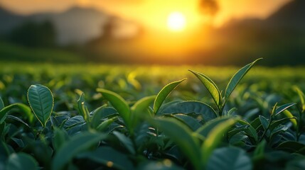 Golden Hour Tea Plantation: Serene Sunset over Lush Green Tea Leaves