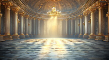 Obraz premium Grand hall with ornate columns, chandelier lighting, and polished marble floor creating an opulent atmosphere