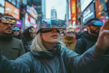 Crowd explores futuristic technology in bustling Times Square during twilight hours