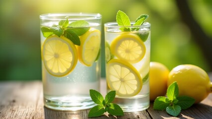 Fototapeta premium A person enjoying a refreshing glass of lemon and mint infused water, perfect for hydration, detoxing, and boosting wellness with natural ingredients.