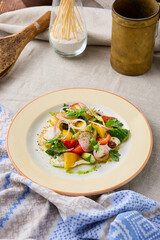 Vibrant Fresh Vegetable Salad with Homemade Cheese Rustic Culinary Artistry in Soft Natural Light