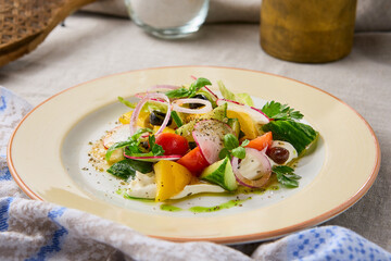 Vibrant Fresh Vegetable Salad with Homemade Cheese - Rustic Table Setting