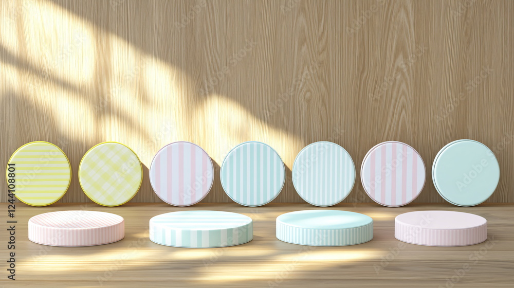 Poster pastel circular containers arranged in a row on wooden surface with soft light illuminating them.