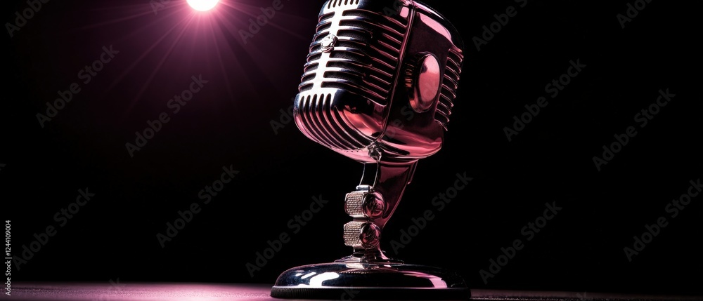 Poster microphone on stand with bright light in background for recording or performance setup
