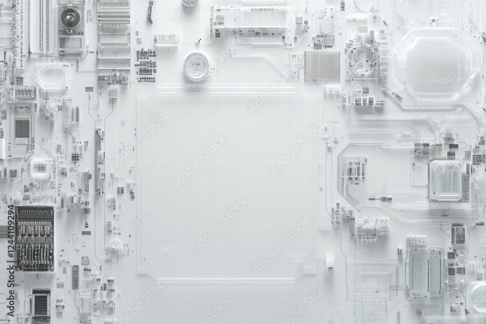 Poster technological circuit board design on a white background with transparent elements