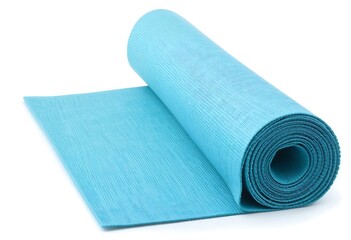 A rolled-up blue yoga mat designed for home workouts, showcasing its textured surface and durability.
