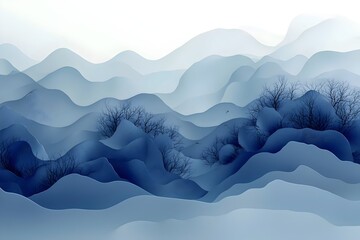 A serene winter landscape featuring soft, undulating snow-covered hills in varying shades of blue, contrasted by dark, bare trees peeking through the snow, evoking tranquility.