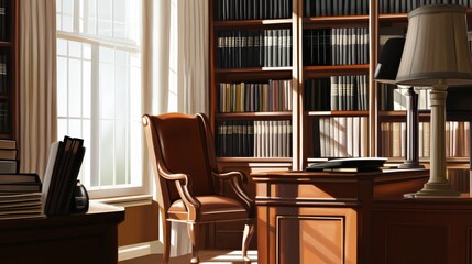 Cozy library interior with wooden shelves filled with books, a desk, and a reading chair by the window