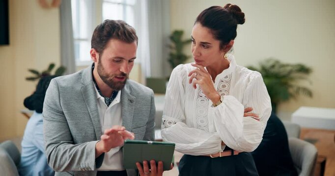 Browsing, collaboration and people with tablet, office or review of audience engagement on social media. Talking, brand specialist and teamwork for competitive analysis on website, serious or meeting