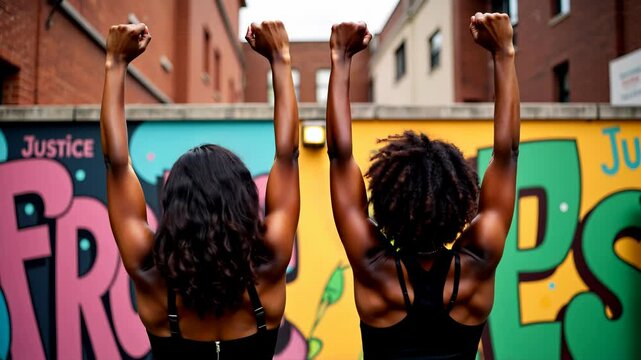 Two women express empowerment and solidarity against a vibrant backdrop of graffiti promoting justice and equality, embodying the spirit of juneteenth