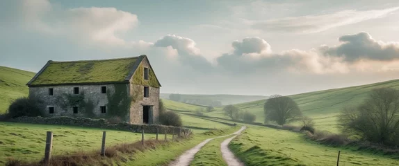 Fototapeten Tranquil rural landscape with stone barn on lush green hills and winding path under cloudy sky. © Den Boro Day