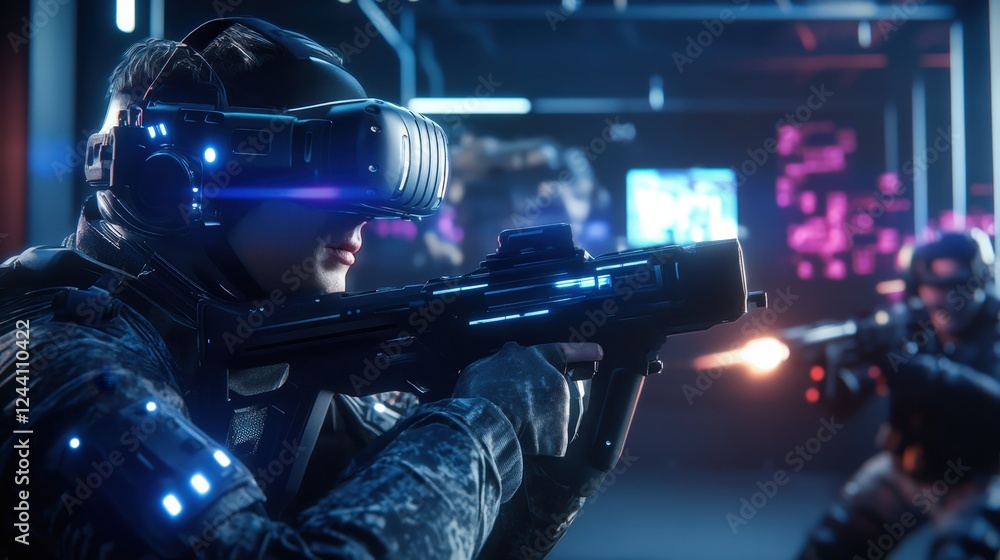 Poster concept for a virtual reality gaming arena with players fully immersed in a hyper-realistic digital 