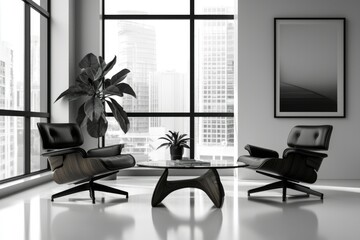 Fototapeta premium Modern Living Room With Two Lounge Chairs And City View