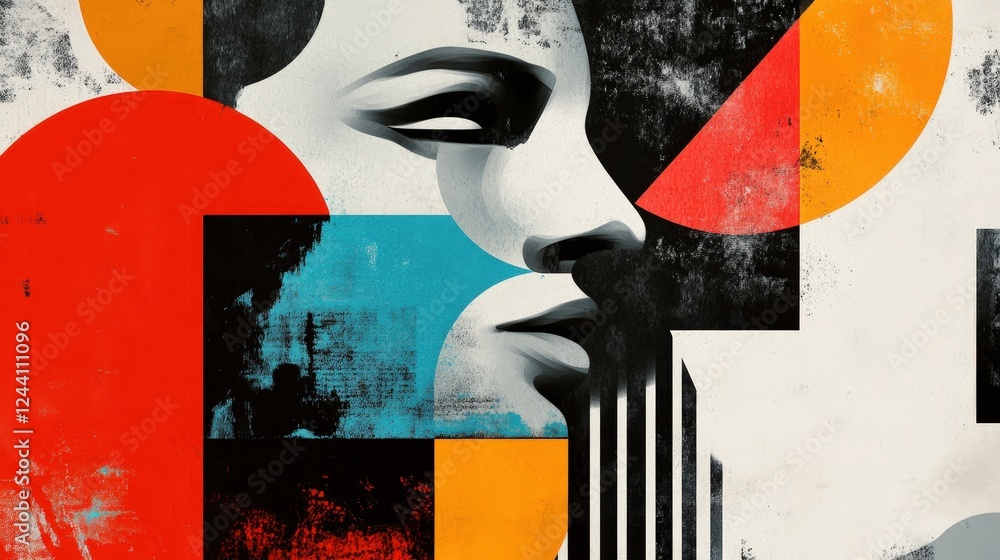 Poster conceptual flyer design for an art gallery, using bold graphics, abstract shapes, and minimal text t