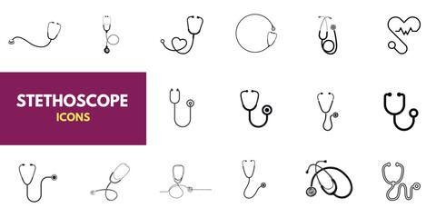 A set of stethoscope icons, medical design elements, and clipart. The theme is medicine, pandemics, health care, and treatment. 