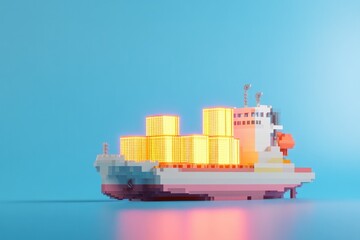 Obraz premium surreal cargo ship carrying glowing blocks of digital currency symbolizing intersection of trade and finance